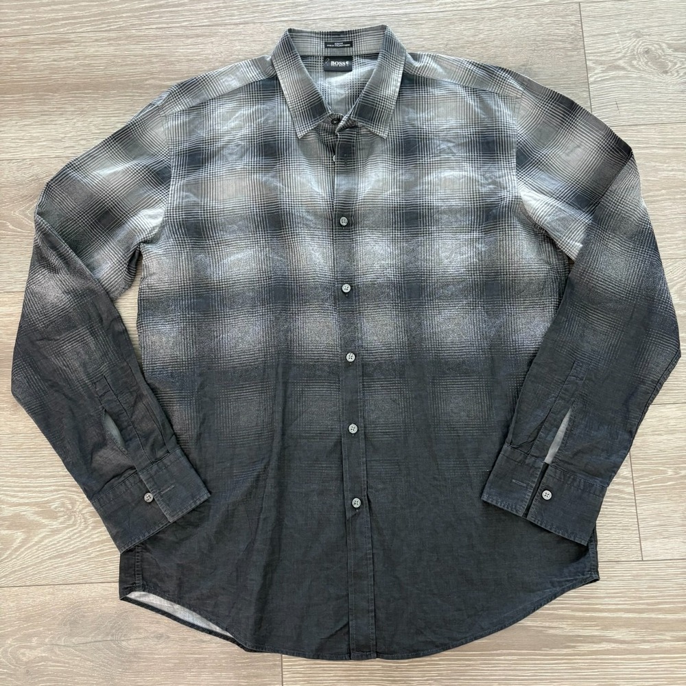 Hugo Boss Mens‎ Gray Black Check Gradation Long Sleeve Slim Fit Shirt Size 2XL